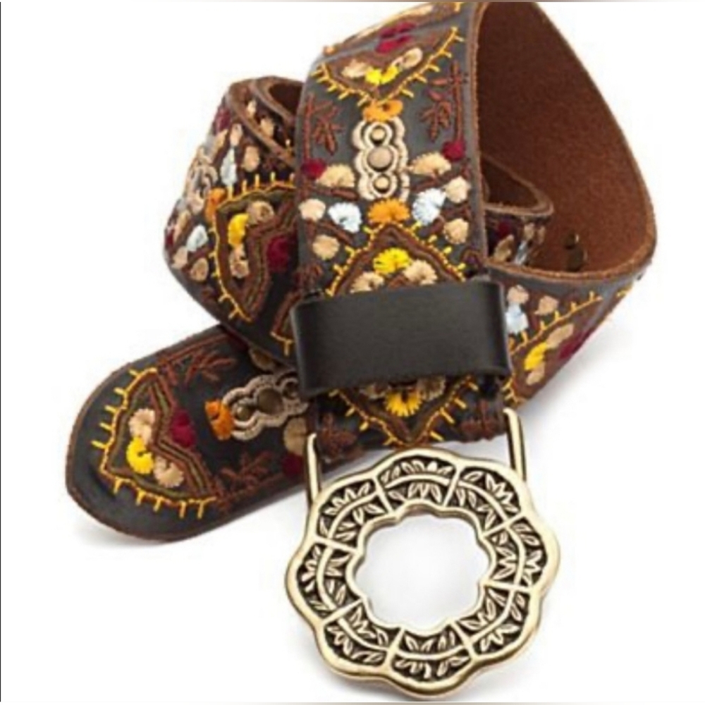 Lucky Brand Women's Multicolor Embroidered Floral Buckle Boho Belt - Size S